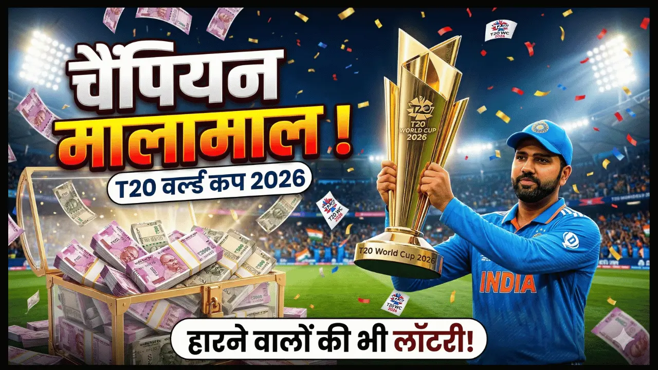 T20 वर्ल्ड कप 2026 ट्रॉफी के साथ चैंपियन टीम को मिलने वाले ₹27.5 करोड़ प्राइज मनी का प्रतीकात्मक चित्र